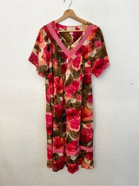 CORAL BAY 100% Cotton Tropical Maxi Muumuu Dress Large Floral Pink House Dress